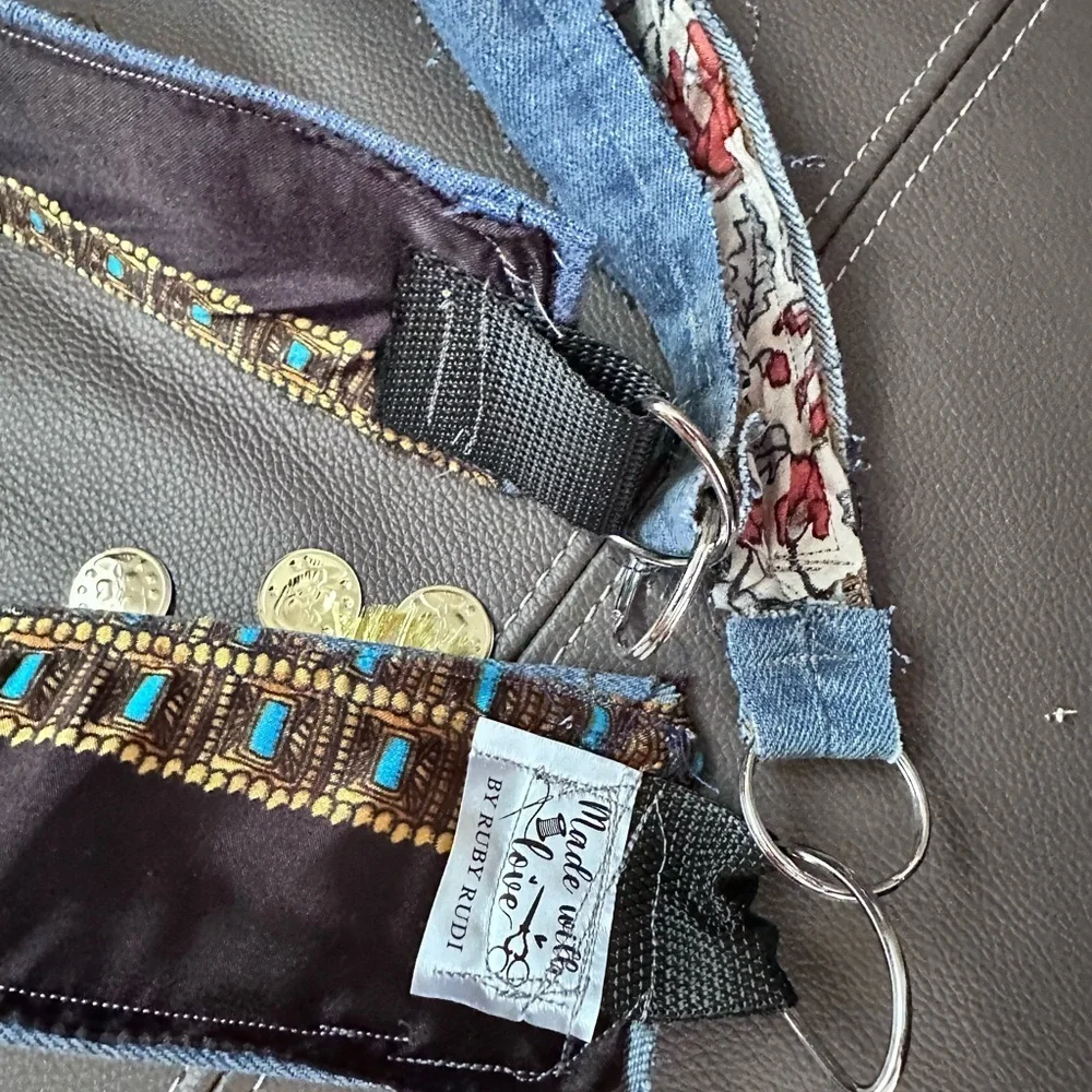 Artisan Denim Belt Tribal goddess belly dancer, shimmy gold coin fringe signed